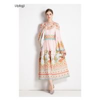 Early Autumn New European and American Elegant Design Flared Long Sleeve Printed Long Dress