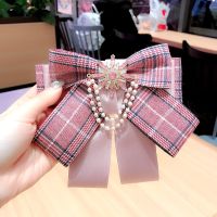 Korean Fashion Plaid Multi layer Bowknot Ladies Fabric Bow Tie High end Pearl Rhinestone Pins and Brooches for Women Accessories