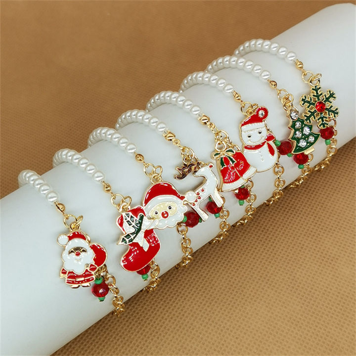pearl-bracelet-christmas-gift-bells-christmas-bracelet-elk-pendant-bracelet-snowman-bracelet-santa-claus-bracelet