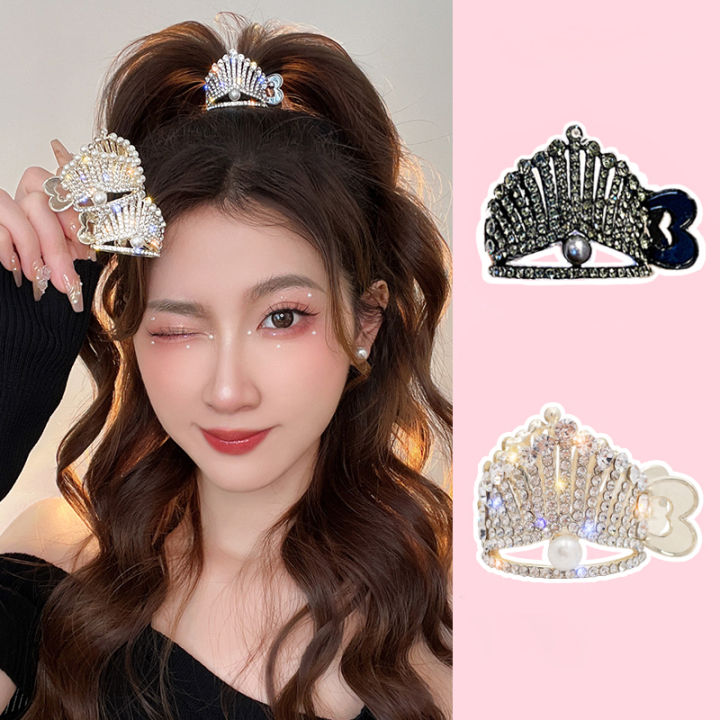 New rhinestone crown hair clip tied high ponytail fixed grasp clip sweet girls  hair accessories 