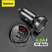 Baseus 24W 4.8A USB Car Charger Metal Mini Dual USB Fast Car Charger Adapter with Digital แสดงผล สำหรับ iPhone Samsung OnePlus LG Xiaomi โทรศัพท์มือถือ