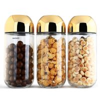 Gold plated Transparent Glass Jar with Lid Sealed Food Storage Container Candy Box Food Jar Coffee Bean Tea Can Kitchen Decor