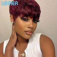 ✔ Lekker Colored Short Straight Bob Pixie Human Hair Wig With Bangs For Women Brazilian Remy Hair Non Lace Burgundy Red Cheap Wigs