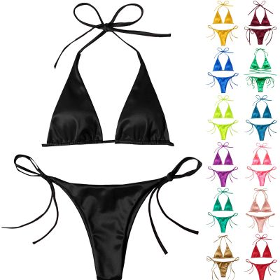 Sexy Womens Metallic Halter Top Two Piece Swimsuit Tie Side Triangle Bikini Summer Solid Bathing Suit Beachwear Bikini Set