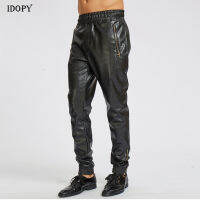 Idopy ผู้ชาย F AUX หนัง Joggers กางเกงฮาเร็มเอวยางยืด Drawstring PU Joggings กางเกงสำหรับชายซิปข้อเท้า