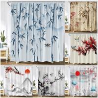 Bamboo Shower Curtain Red Flowers Plant Lotus Bird Carp Mountain Asian Ink Landscape Wall Hanging Fabric Bathroom Decor Curtains
