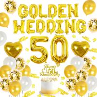 JOYMEMO 50th Wedding Anniversary Decorations Golden Wedding Balloons Banner Cake Topper 50th Anniversary Decor Party Supplies Balloons