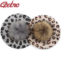 Geebro Fashion Slouchy Women Beret Hat Leopard Print Winter French Style Bonnet Caps for Girls Lady Female With Real Fur Pompom