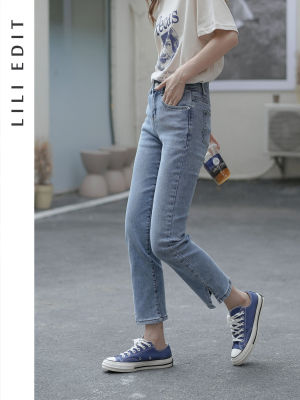 LILI EDIT2021 New Summer High Waist Slim Fit Straight Split Cropped Jeans for Women