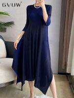 【YF】 GVUW Gradient Pleated A-line Dress Womens Round Collar Three Quarter Sleeve 2023 Spring Female Fashion Holiday Clothing 17J0126