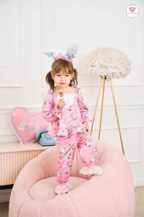 mariadiamond-สีชมพู-kids-goodnight-bunny-pajamas-เด็ก-ผ้าไหมซาตินพิมพ์ลาย-ชุดนอน-เบาสบาย-ระบายอากาศ-ไม่คัน-ไม่ร้อน