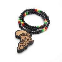 Handmade Round Wood Wooden Beads Africa Map Engraved Tiger Lion Heads DIY Necklaces Vintage Women Party Hiphop Rock Pop Jewelry