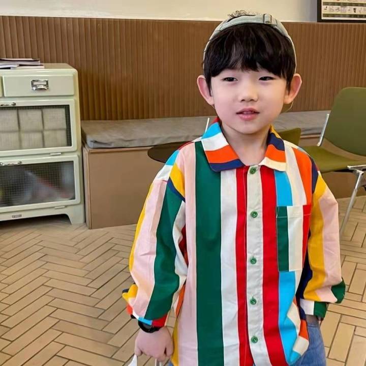 oece-เสื้อเชิ้ตผ้าฝ้ายเด็กแขนยาวลายทางสายรุ้งเด็กพิมพ์เสื้อยืดเกาหลี