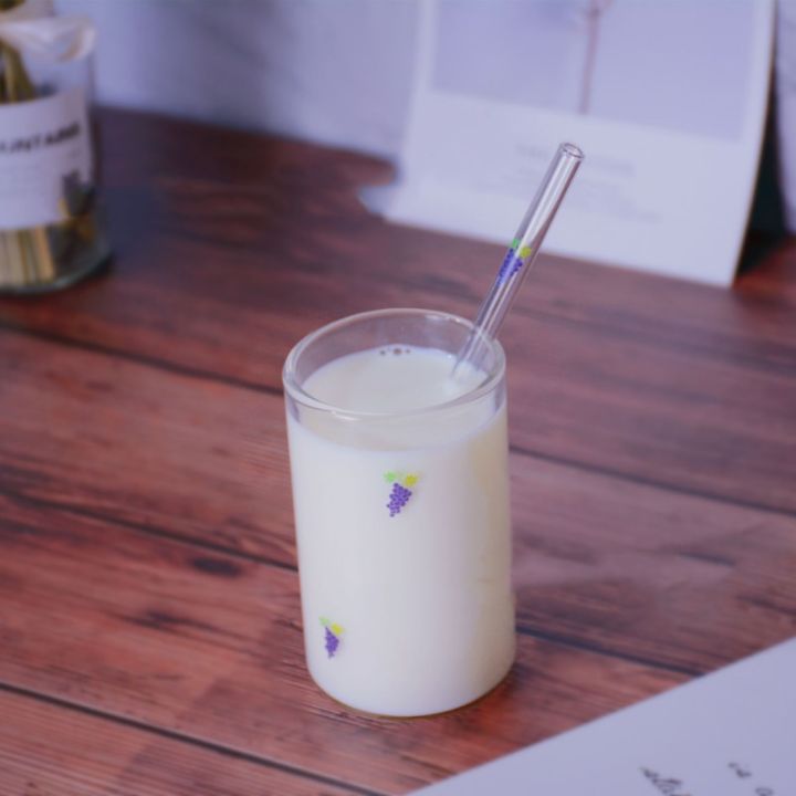 แก้วแก้วพร้อมหลอดผลไม้แตงโมสตรอเบอร์รี่องุ่นขนาด300มล-ถ้วยความคิดสร้างสรรค์โปร่งใสแก้วทนความร้อนได้นมสำหรับนักเรียน