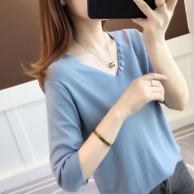 COD DSFDGDFFGHH T-shirts Womens Spring/ Summer New Loose Top Fashion V-neck Large Size Knitting Midi Sleeve Thin Tee