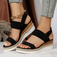 ผ้ายืดถัก Wedge รองเท้าแตะผู้หญิงกลับแถบยืดหยุ่นแพลตฟอร์ม Sandles ผู้หญิง Super ขนาดฤดูร้อนหนาชายหาด Sandalias ~