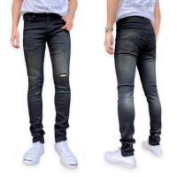 TPPJEANS DN Mens Skinny Jeans กางเกงยีนส์สกินนี่ชาย สีดำฟอก แต่งขาดเข่า ผ้ายืดสวมใส่สบาย ปักด้ายดำ มีไซส์ใหญ่ งานตัดเย็บอย่างดี Size( 26-44 )