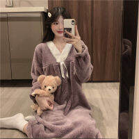 Cute Womens Pajamas Dress Warm Winter Flannel Doll Collar Sleepdress V Neck Homewear Casual Home Suit Coral Fleece Nightgown