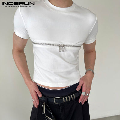 เสื้อยืดผู้ชายแขนสั้น INCERUN มีซิปหน้าเสื้อยืดพังก์เสื้อยืดเสื้อครอปเสื้อชุดเดรสปาร์ตี้ (สไตล์เกาหลี)