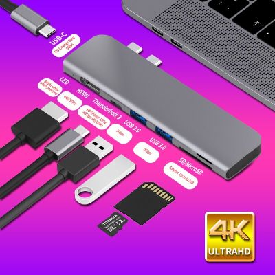 USB 3.1 Type-C ฮับเพื่อหัวแปลงสัญญาณ HDMI 4K Thunderbolt 3 USB C ฮับพร้อมฮับ3.0 TF ช่องตัวอ่าน SD PD สำหรับ MacBook Pro/air 2018 - 2020 Feona