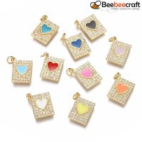 10 pc Brass Micro Pave Clear Cubic Zirconia Pendants Long-Lasting Plated with Jump Rings &amp; Enamel Rectangle with Heart