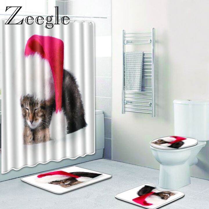 zeegle-cat-pattern-mat-for-bathroom-wc-carpet-set-4pcs-with-shower-curtain-microfiber-door-mats-toilet-rug-non-slip-floor-mats