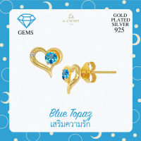 A.CEMI Blue Topaz-December Birthstone Stud Earring พลอยแท้ สวิสบลูโทพาส ต่างหูพลอยแท้ สวิสบลูโทพาสต่างหูเงินแท้ ชุบทอง 18K