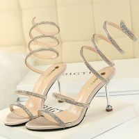 Summer Women 8.5cm High Heels Nightclub Silk Rhinestone Sandals Crystal Ankle Cross Strap Sandles Sexy Strange Gladiator Shoes