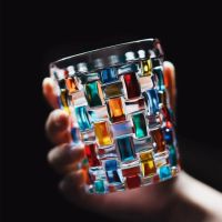 300ml Painted Manual Crystal Glass Color Whiskey Water Wine Glass Italian Style Enamel Weave Stripes Home Bar Counter Supplies