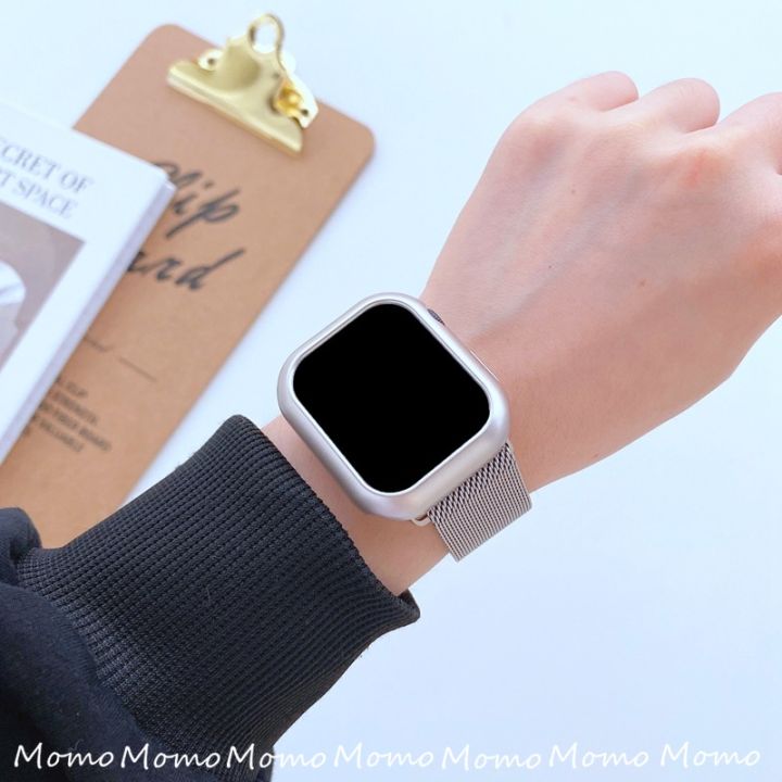 สายสแตนเลส-basspal-2-in-1ชุด-เคสสำหรับ-apple-watch-อัลตร้า49มม-8-7-45มม-41มม-สายสายใส่ข้อมือโลหะสำหรับ-i-watch-series-1-2-3-4-5-se-6-42มม-38มม-40มม-สายนาฬิกา-starlight-ขนาด44มม