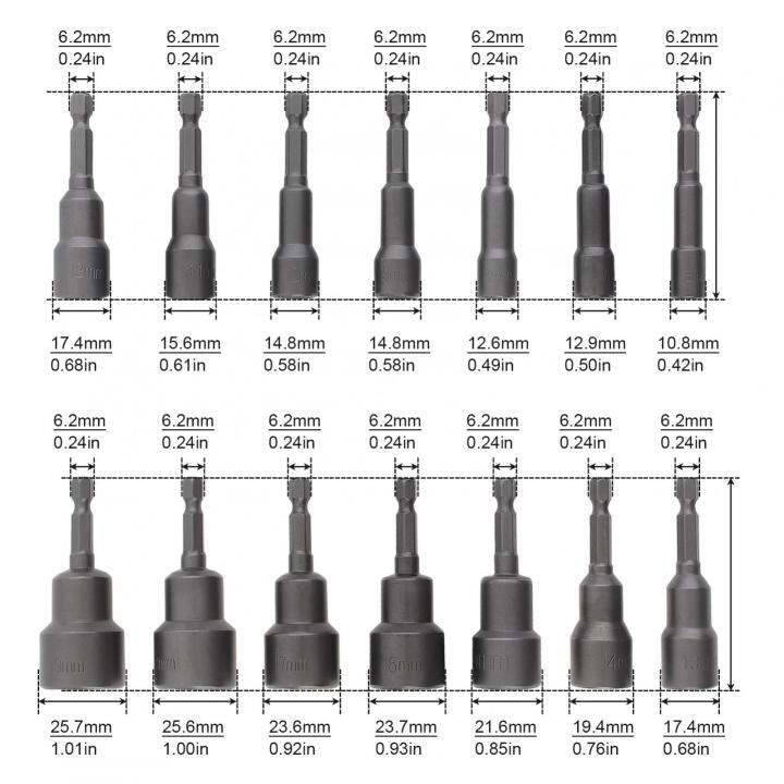 14pcs-magnetic-hexagon-socket-6-19mm-14-inch-hex-shank-nut-setter-driver-เจาะ-bits-ชุดสำหรับไขควงไฟฟ้า-hex-shank-bolt