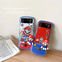 เคสนิ่มหยักสำหรับ Samsung Galaxy Z Flip5 Flip4 Flip3 5G TPU ฝาครอบป้องกันการ์ตูนมาริโอพร้อมโซ่