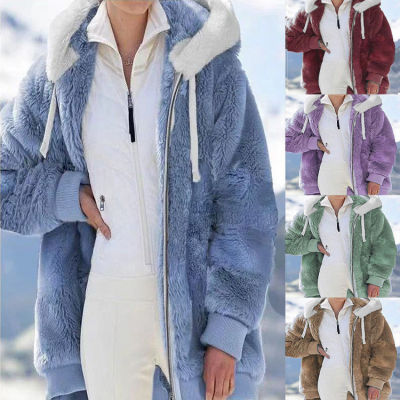 Women Loose Plush Zipper Hooded Jacket Winter Coats and Jackets Women Warm Thick Fleece Faux Fur Coat Long Teddy Jacket
