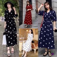 B10142 แม้กซี่เดรสลายจุด + สายผุกเอว Maxi dress with polka dots + waist tie