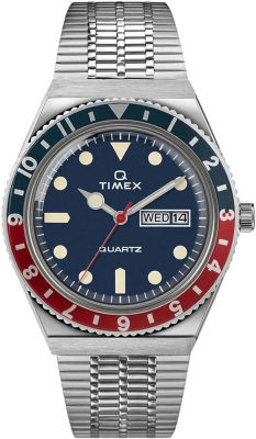 Timex 38 mm Q Timex Reissue Stainless Steel Case Blue Dial Stainless Steel Bracelet Silver/Blue/Red