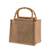 แบบพกพา Burlap Jute กระเป๋าช้อปปิ้งกระเป๋าถือ Bamboo Loop Handles Reusable Tote Grocery Bags