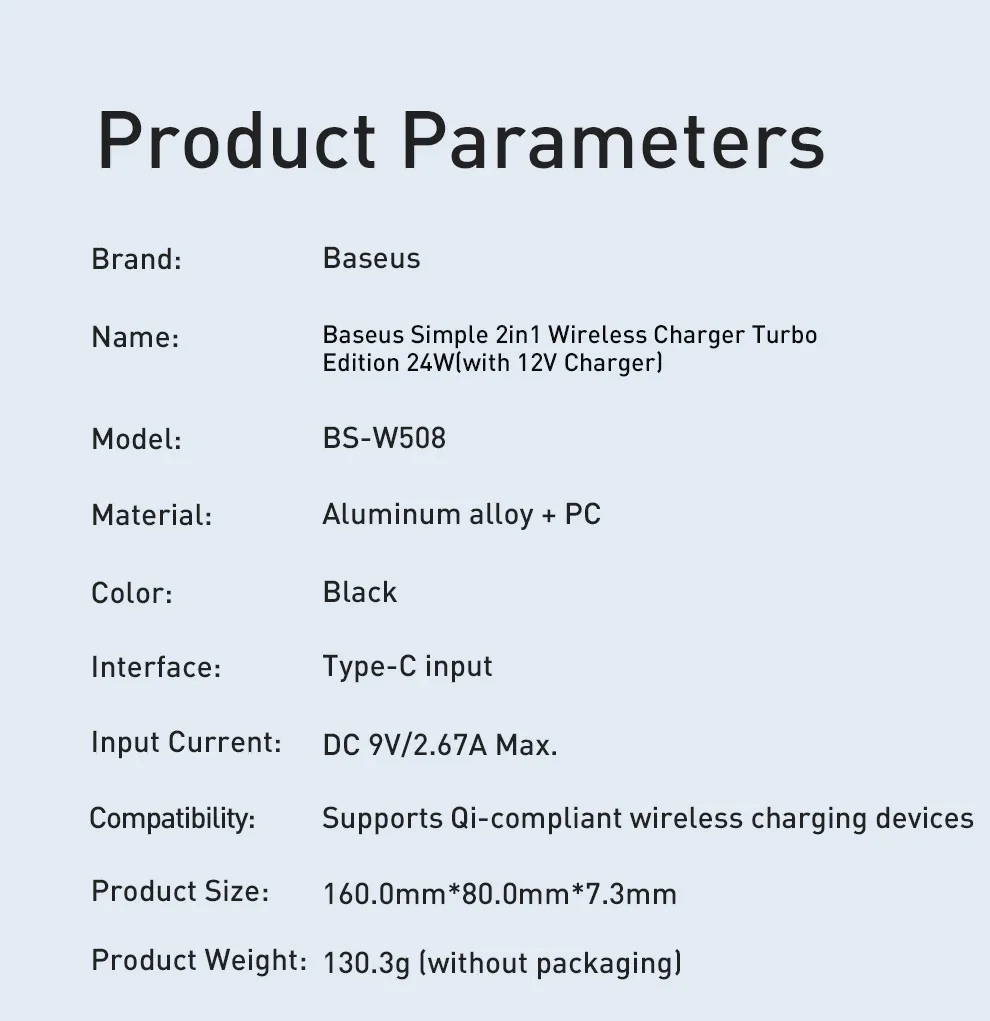 Baseus chargeur double 2in1 sans fil Qi 24W-13