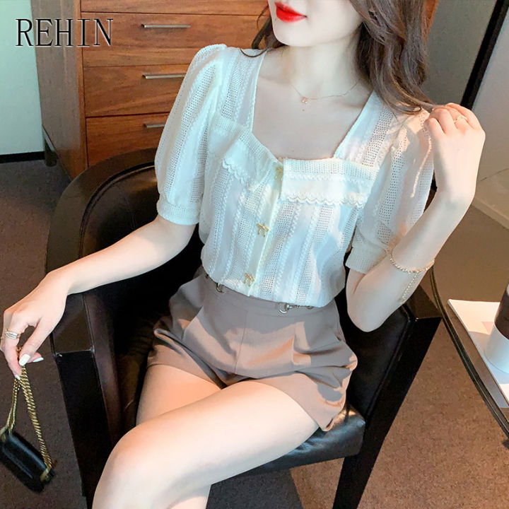 rehin-เสื้อเชิ้ตแขนสั้นสไตล์เจ้าหญิงฝรั่งเศส-เสื้อเบลาส์กระดุมคอสี่เหลี่ยมแบบลายฉลุละเอียดอ่อนสำหรับผู้หญิง