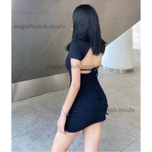 Đầm ôm body cut out khoét lưng tay ngắn nữ tính basic ôm body tôn ...