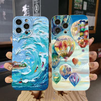 บอลลูนอากาศร้อนสำหรับ iPhone 14 Plus 13 Pro Max 12 iPhone 11 XR 8 7 SE 2022 Surf ภาพวาดสีน้ำมันขอบสี่เหลี่ยมเคสป้องกันเลนส์เต็มแผ่น