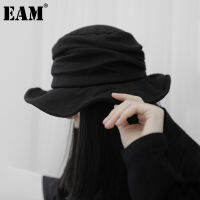 [EAM] Women Black Pleated Split Temperament Fishermen Hat New Round Dome Temperament Fashion All-match Spring Autumn 2022 1DB733