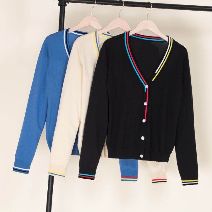 เสื้อคาร์ดิแกนถักสำหรับผู้หญิงสีดำเสื้อสเวตเตอร์ถักสไตล์-mode-korea