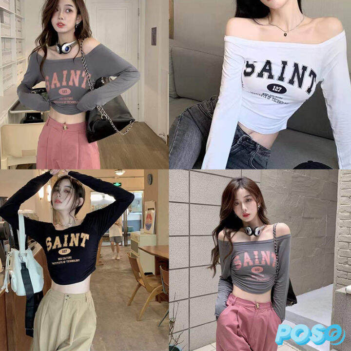 เสื้อครอป-แขนยาว-คอกลม-สไตล์เกาหลี-สำหรับผู้หญิง-เสื้อครอปเเขนยาวมินิมอลเเฟชั่น-เสื้อครอป