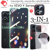 (3-In-1)For VIVO Y02S VIVO Y16 Y35 Y21 Y21T Y33S Y33T Y76 Y73 Y72 Y15A Y15S Y12S Y12A ส่องสว่างฟิล์มกระจกนิรภัย Tempered Glass Screen Protector Film ฟิล์มกระจกกันรอยกล้องหลัง+เลนส์กล้องถ่ายรูปฟิล์ม + 3D คาร์บอนไฟเบอร์ด้านหลังฟิ