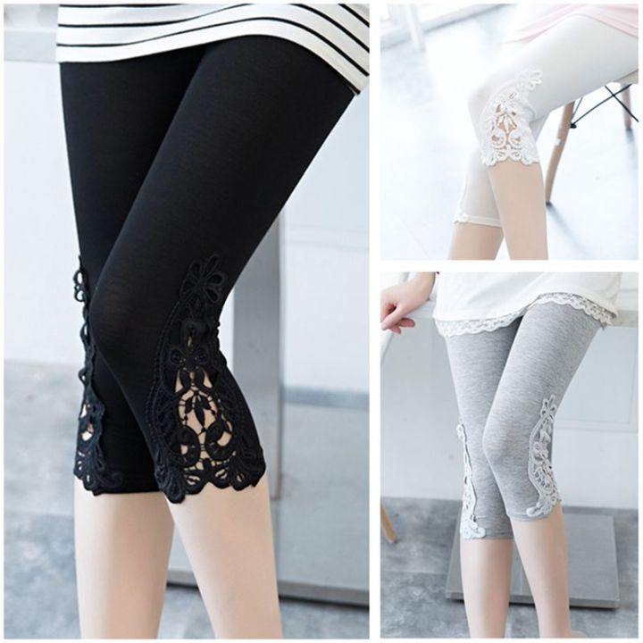 Free Delivery of Women's Cropped Pants with Lace Leggings, Slim Fit Waist,  Elastic Fit, Large Size, Breathable Summer Leggings