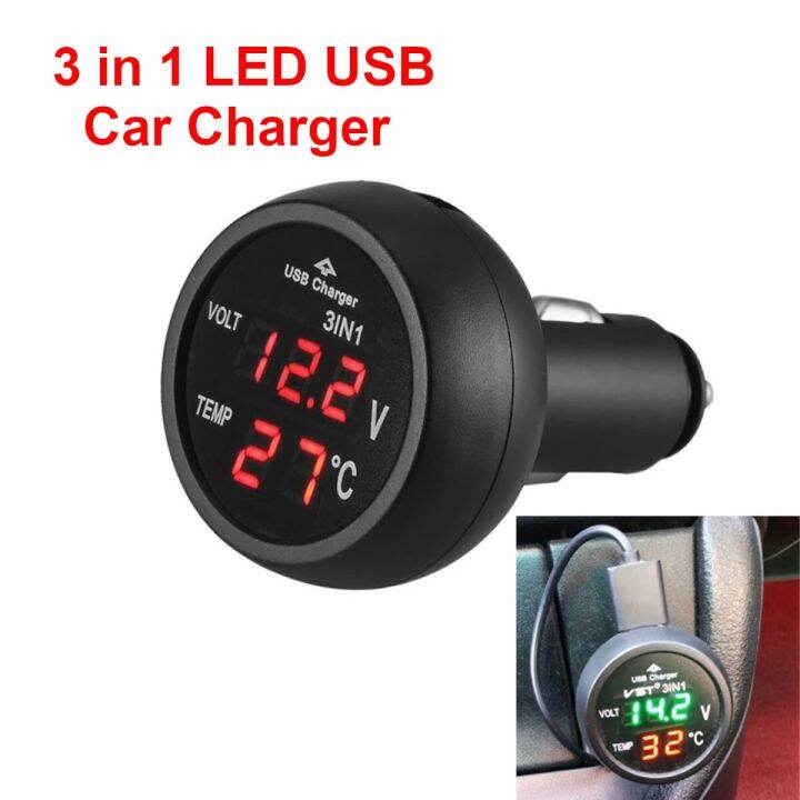 Universal 12V/24V Car USB Charger Voltmeter Thermometer Temperature Meter LED Digital Dual