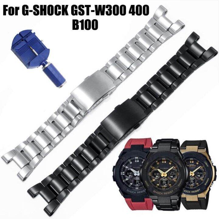 เปลี่ยนสายนาฬิกาสำหรับ-casio-g-shock-gst-w300-w400-gst-b100-gshock-สแตนเลส-3-ลูกปัดสร้อยข้อมือเข็มขัด