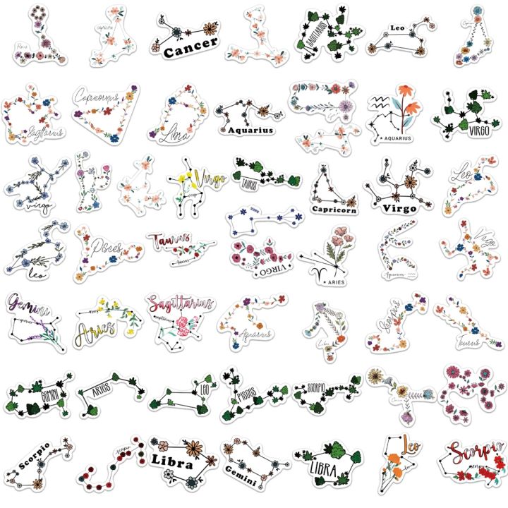 10-25-52pcs-constellation-flower-sticker-pack-laptop-planner-vinyl-sticker-floral-zodiac-sticker