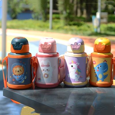 500Ml Kids Thermos Mug With Straw Stainless Steel Cartoon Vacuum Flask With Bag Children Cute Thermal Water Bottle TumblerTH