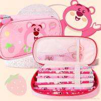 Disney Lotso strawberry bear Student Pencil case Multifunctional Cartoon Storage Bag Stationery Box Large Capacity